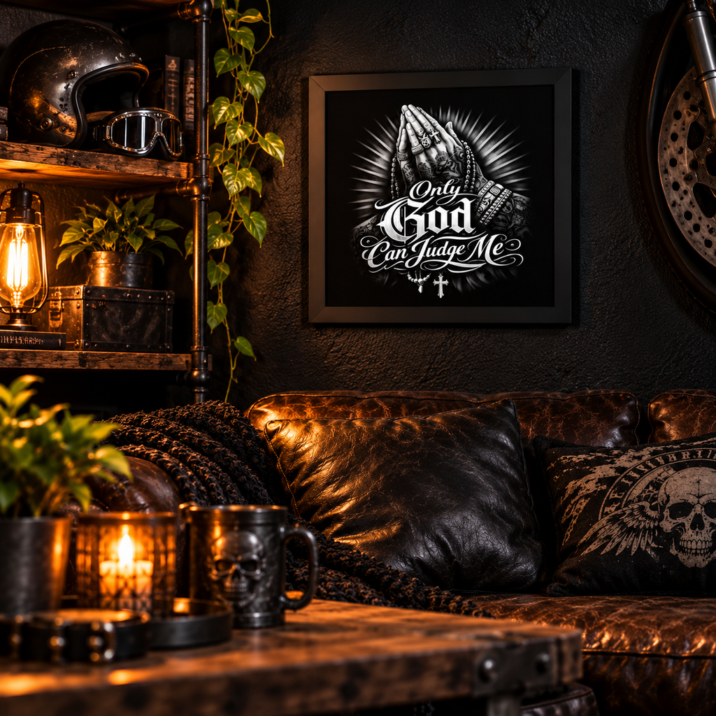 ONLY GOD CAN JUDGE ME – Gerahmtes Poster mit Tattoo-Händen