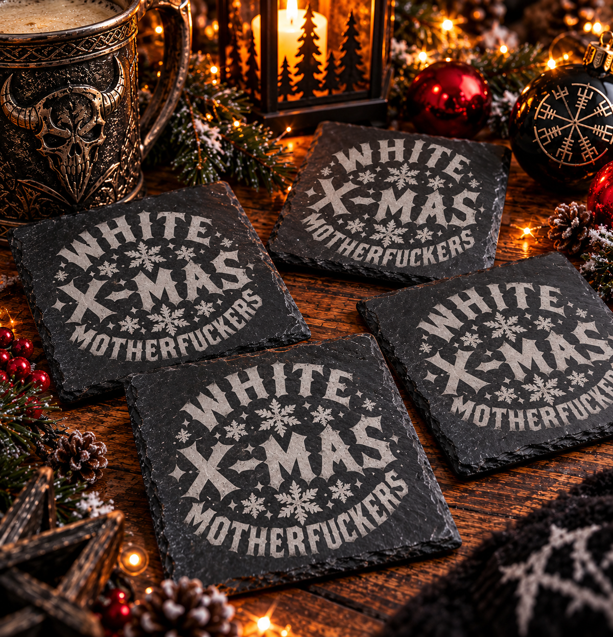 Schieferuntersetzer White X-Mas Motherfuckers – Biker-Weihnachtsdeko