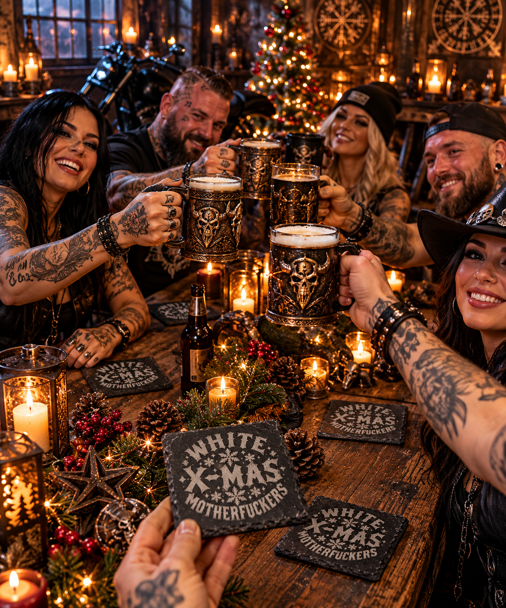 Schieferuntersetzer White X-Mas Motherfuckers – Biker-Weihnachtsdeko
