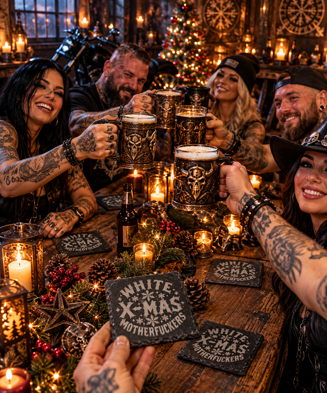 Schieferuntersetzer White X-Mas Motherfuckers – Biker-Weihnachtsdeko