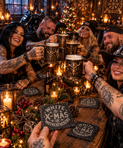 Schieferuntersetzer White X-Mas Motherfuckers – Biker-Weihnachtsdeko