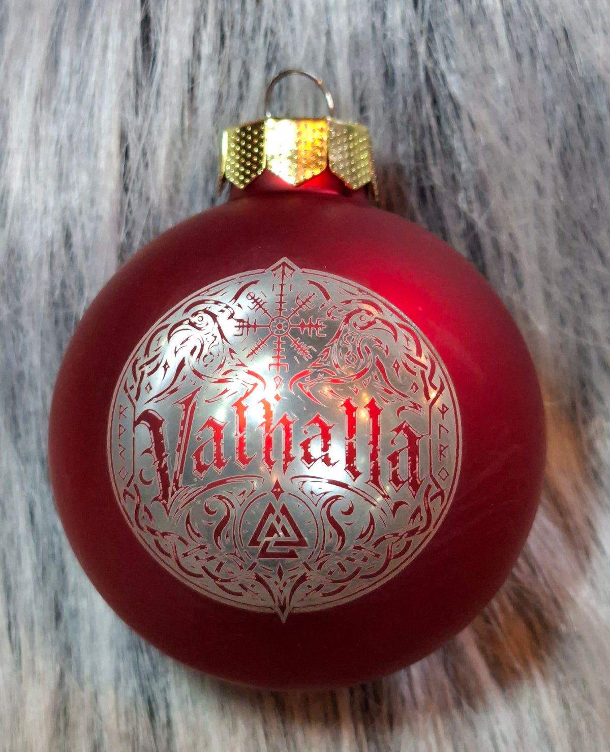Weihnachtskugel Valhalla – lasergraviert, Wikinger Christbaumschmuck aus Glas 6 cm
