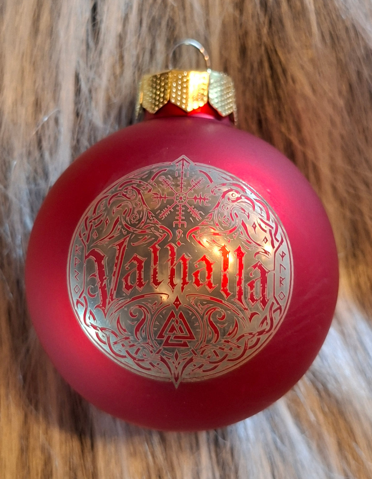 Weihnachtskugel Valhalla – lasergraviert, Wikinger Christbaumschmuck aus Glas 6 cm