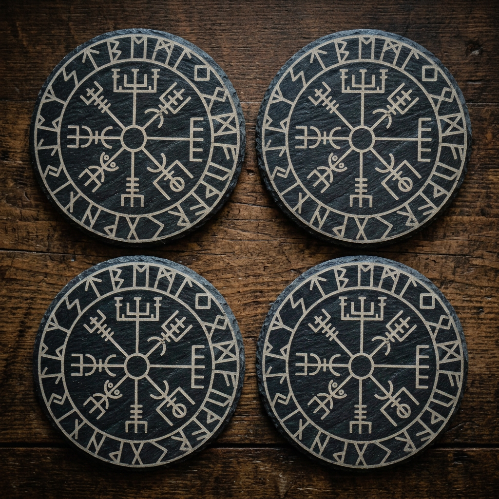 Vierer-Set Vegvisir-Schieferuntersetzer auf rustikalem Holz