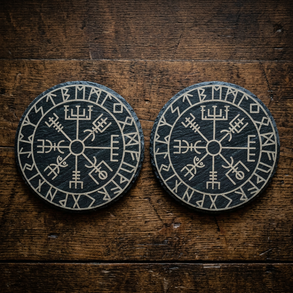 Zweier-Set Vegvisir-Schieferuntersetzer auf rustikalem Holz